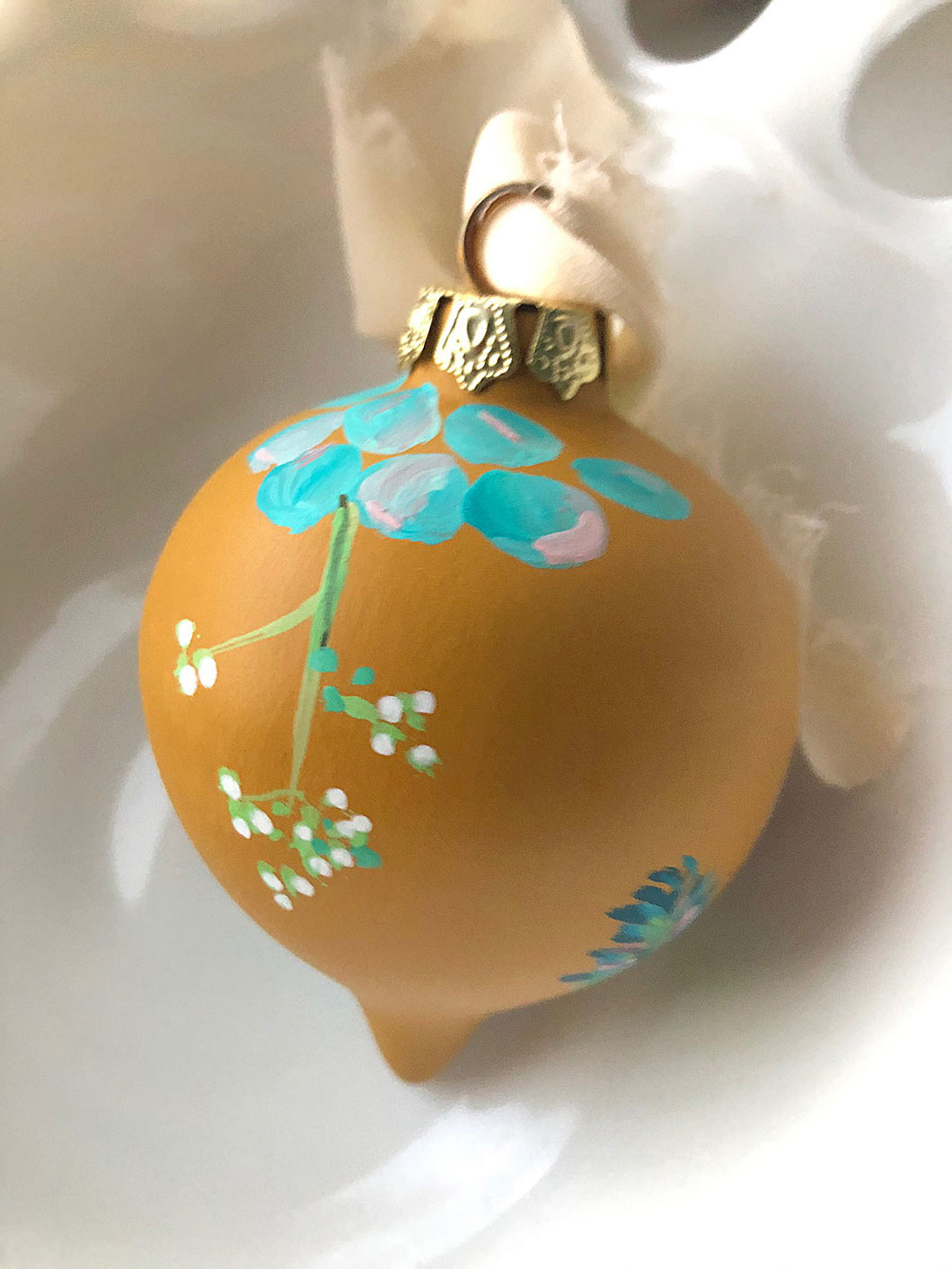 Yellow Ochre Floral Hand Painted Christmas Ornament - Oblong