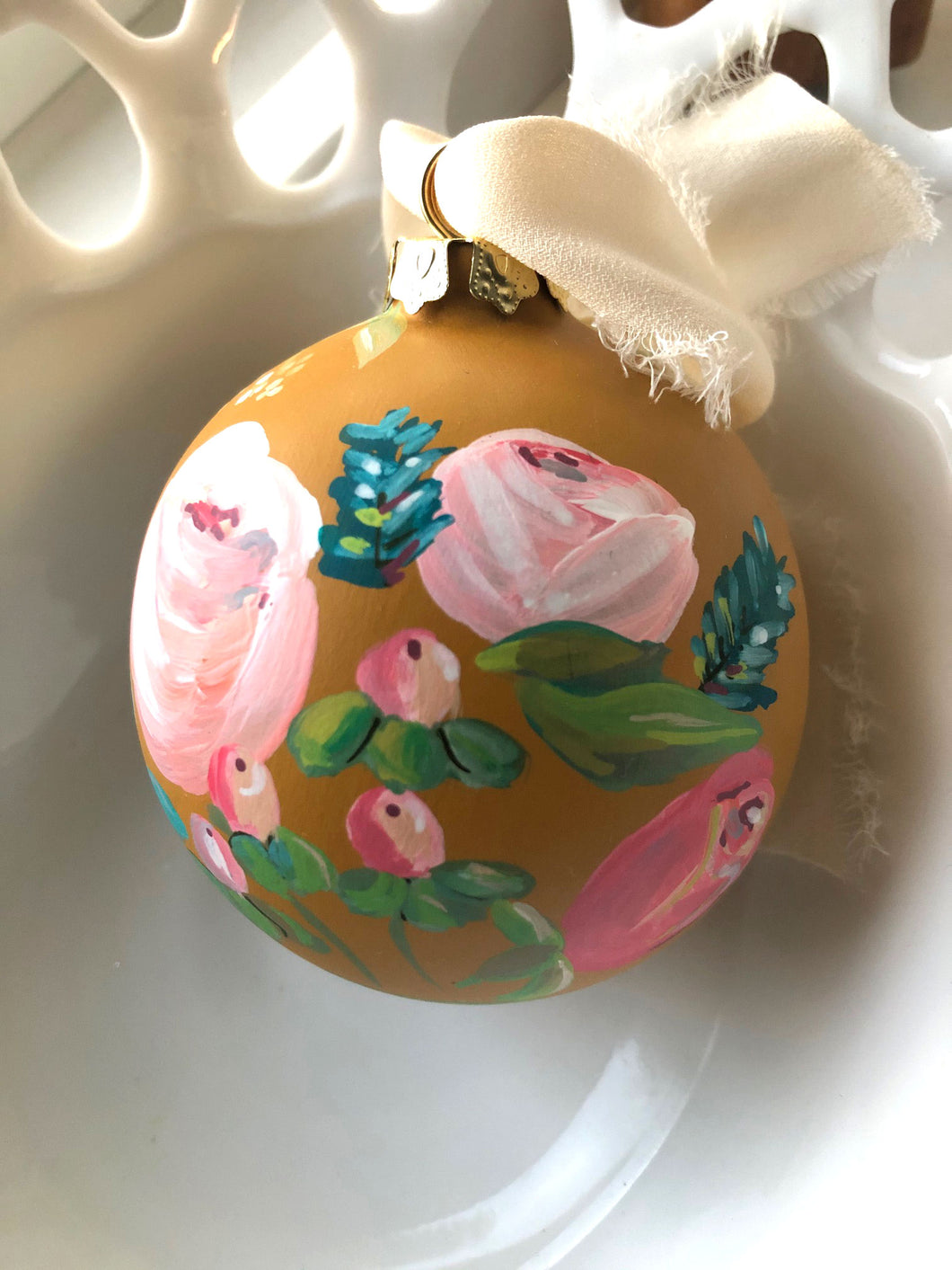 Yellow Ochre Floral Hand Painted Christmas ornament